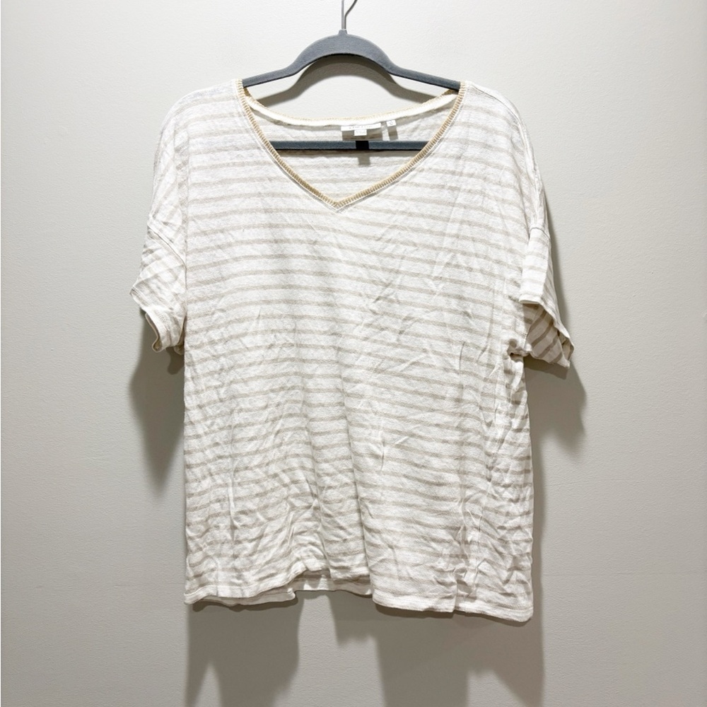 Chico's Cream Striped V-Neck Tee Linen Relaxed Casual Metallic Detail Boxy Sz XL